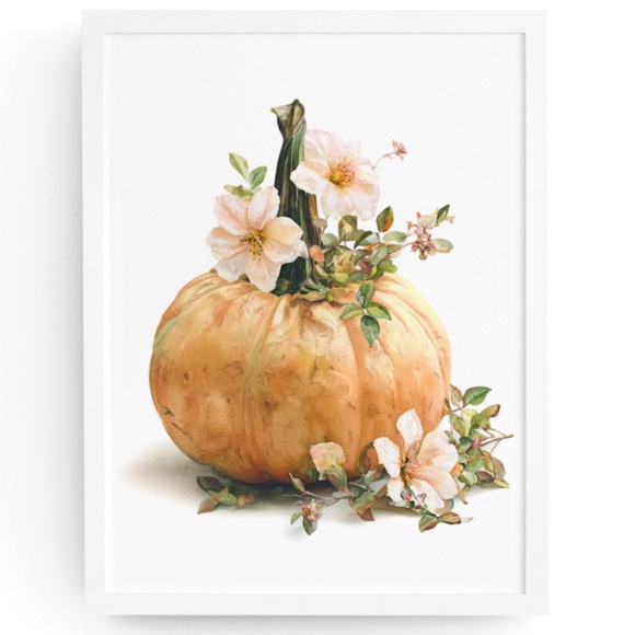 Creative Path Studios Other - Watercolor Pumpkin with Flowers Wall Art Print Unframed - Cozy Autumn Elegance